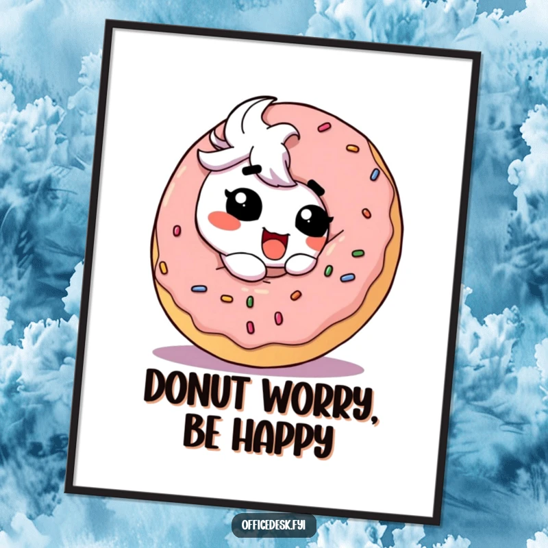 Funny Free Printable wall art: a cute character with a wide, silly smile about to take a huge bite from an enormous donut.