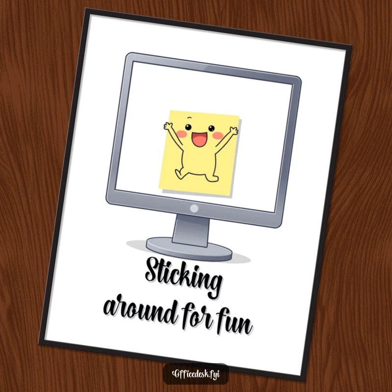 Funny Free Printable Wall Art: A cheerful sticky note character leaping with joy off a monitor, a unique and humorous piece of downloadable decor.