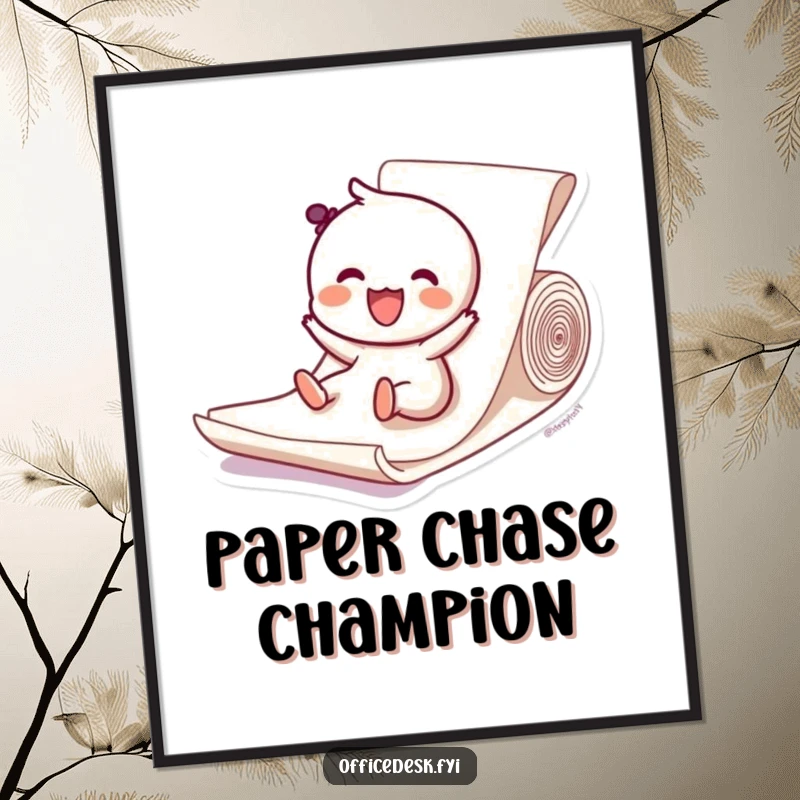 Funny free printable wall art depicting a happy character joyfully sliding down a ream of paper, adding playful charm.