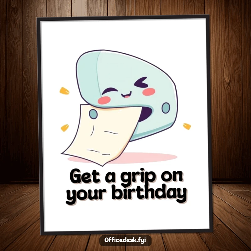 Funny free printable wall art: a cute stapler character with a mischievous wink jams a comically giant piece of paper.