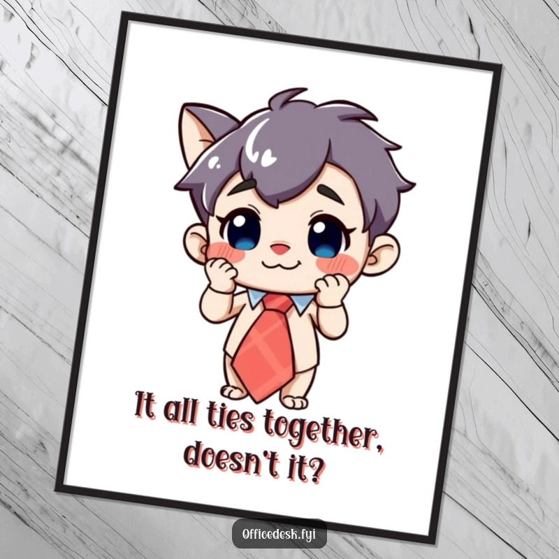 Funny free printable wall art of a curious character grinning widely while adjusting an enormous, whimsical tie.