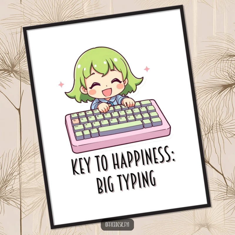 Funny Free Printable Wall Art featuring a character furiously typing on a massive, oversized computer keyboard.
