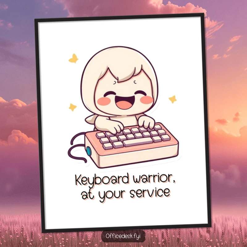 Funny Free Printable Wall Art: A smiling character types with extreme speed and joy on a comically small keyboard.