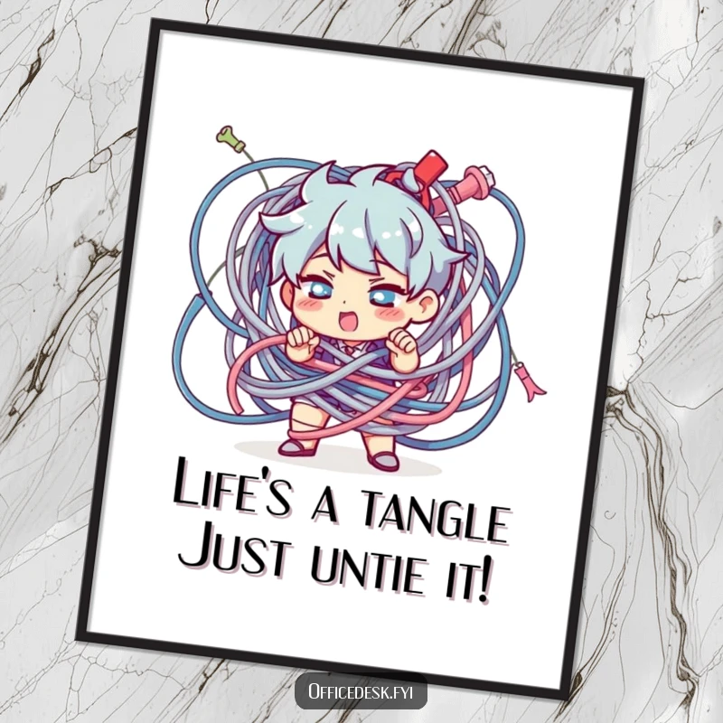Funny free printable wall art of a determined character focused on untangling an absurdly large knot of cables.