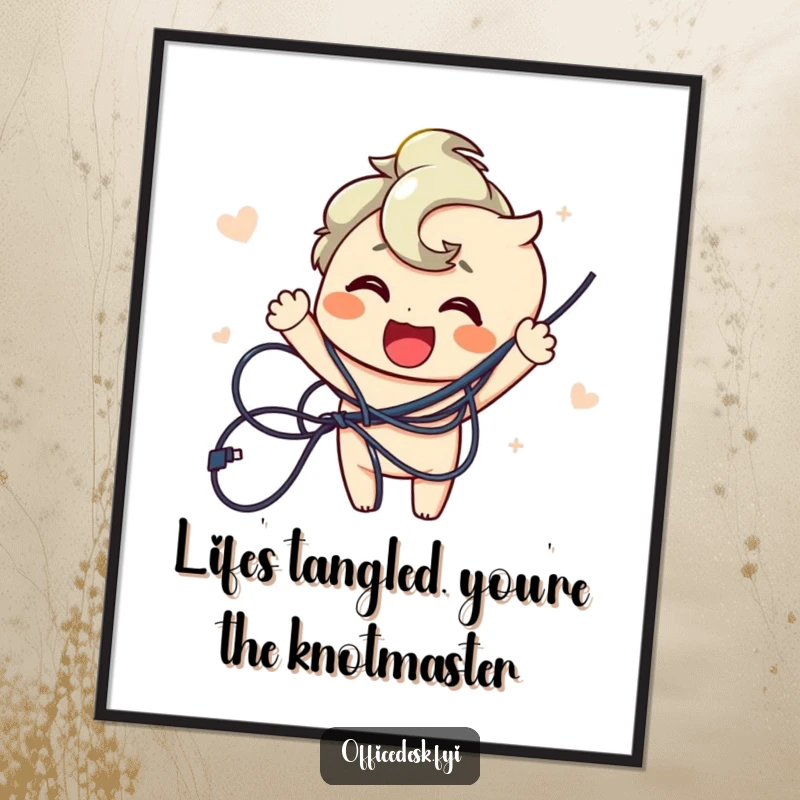 Funny Free Printable Wall Art: Joyful Character with Pleased Expression Untangling Wires