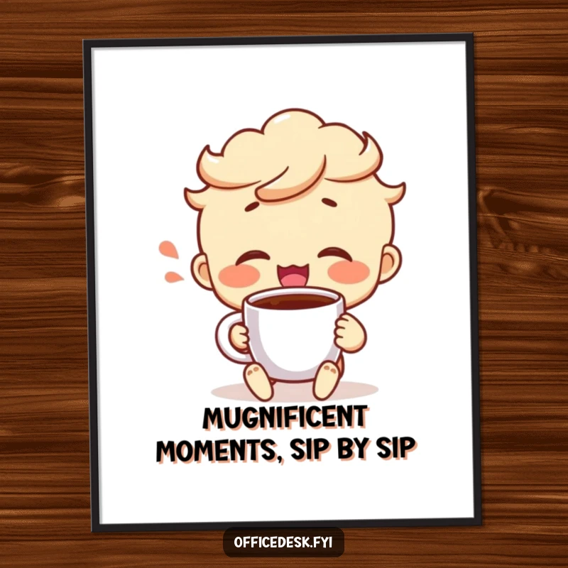 Funny Free Printable Wall Art: Cheerful Character with Satisfied Sigh Sipping Coffee from Mug