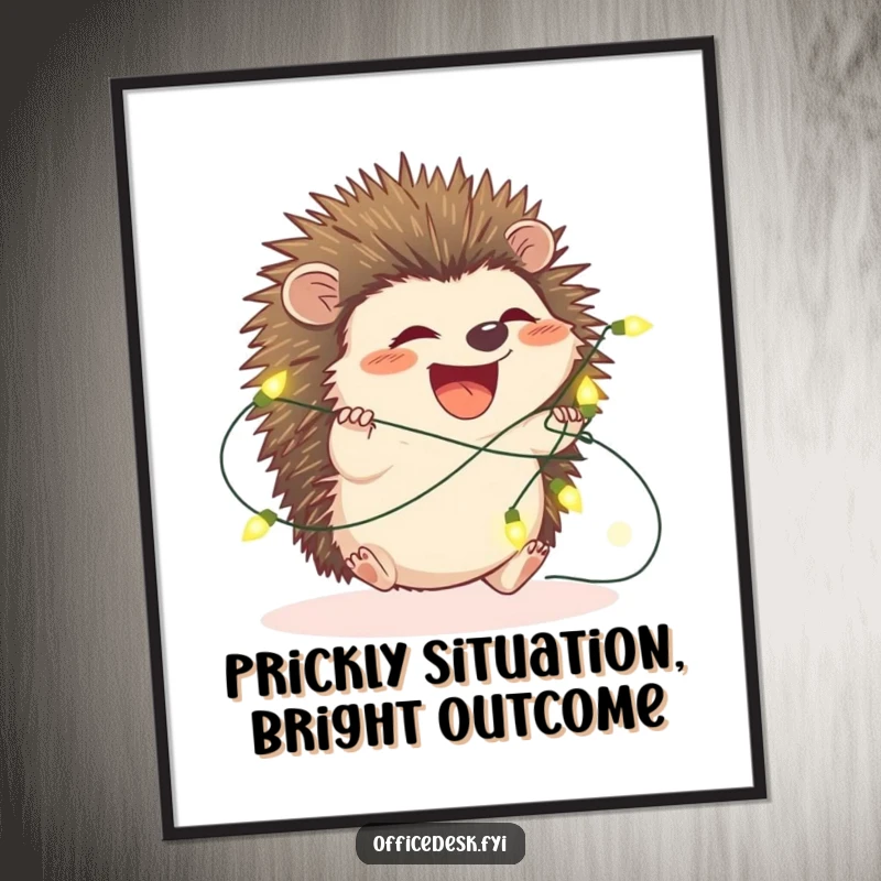 Funny Free Printable Wall Art: A small, cheerful hedgehog is playfully entangled in a string of bright fairy lights, creating a magical scene.