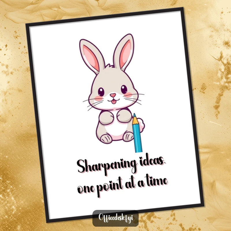 Funny free printable wall art depicting a focused rabbit sharpening pencils with extreme precision and a determined, creative gaze.