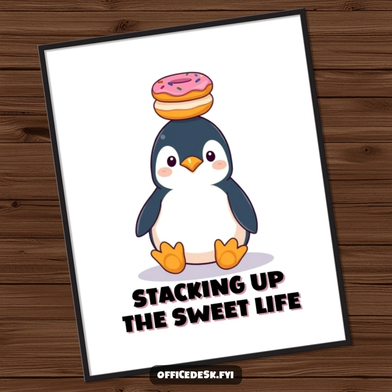Funny Free Printable Wall Art: A plump penguin comically balances a stack of donuts on its head, creating whimsical decor.