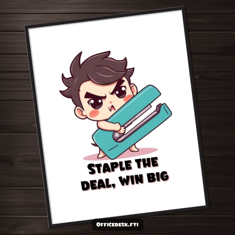 Funny Free Printable Wall Art: Cute character with a determined expression wrestles a comically large stapler, a motivational piece.