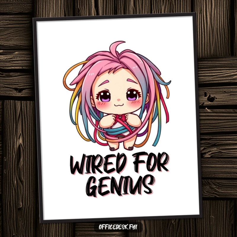 Funny free printable wall art showing a small character with a knowing grin, hilariously tangled in colorful cords, for comic relief.