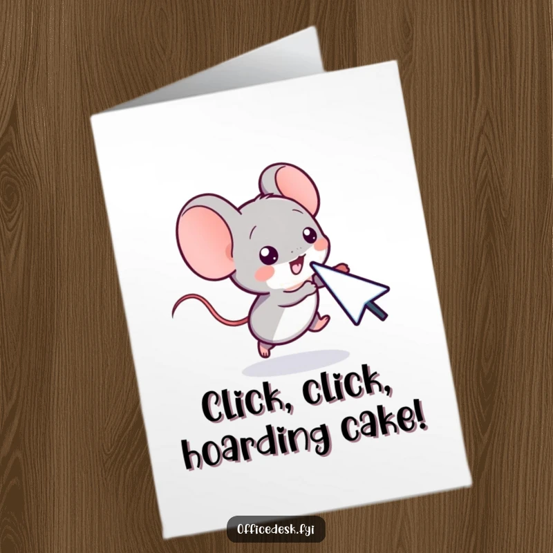 Funny free printable birthday card: a small computer mouse character playfully chasing a digital cursor on screen.