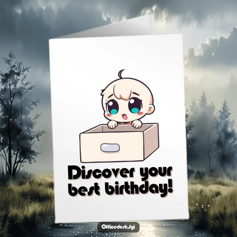 Funny Free Printable birthday card: a small character with wide, amazed eyes peeking into a hidden secret compartment in a desk drawer.