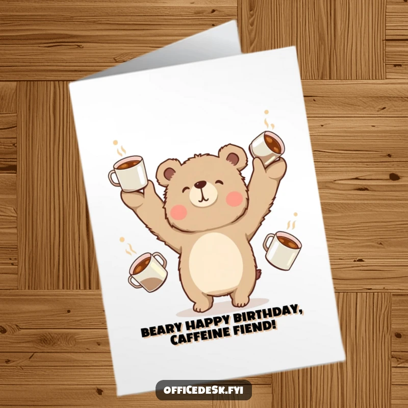 Funny Free Printable Birthday Card: A fuzzy bear precariously juggles overflowing coffee cups, wishing happy birthday with caffeine power.