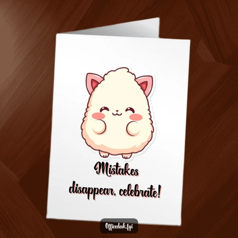 Funny free printable birthday card: a fluffy eraser character with rosy cheeks is blushing sweetly.