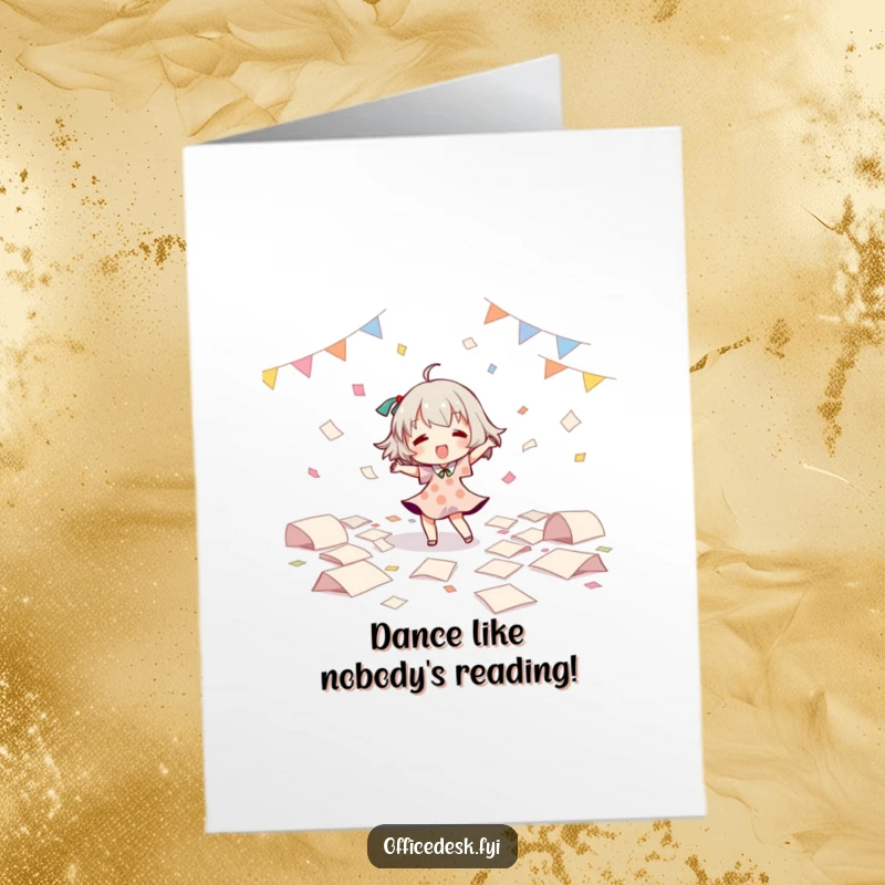 Funny free printable birthday card of a character dancing energetically amidst scattered papers, spreading birthday joy.