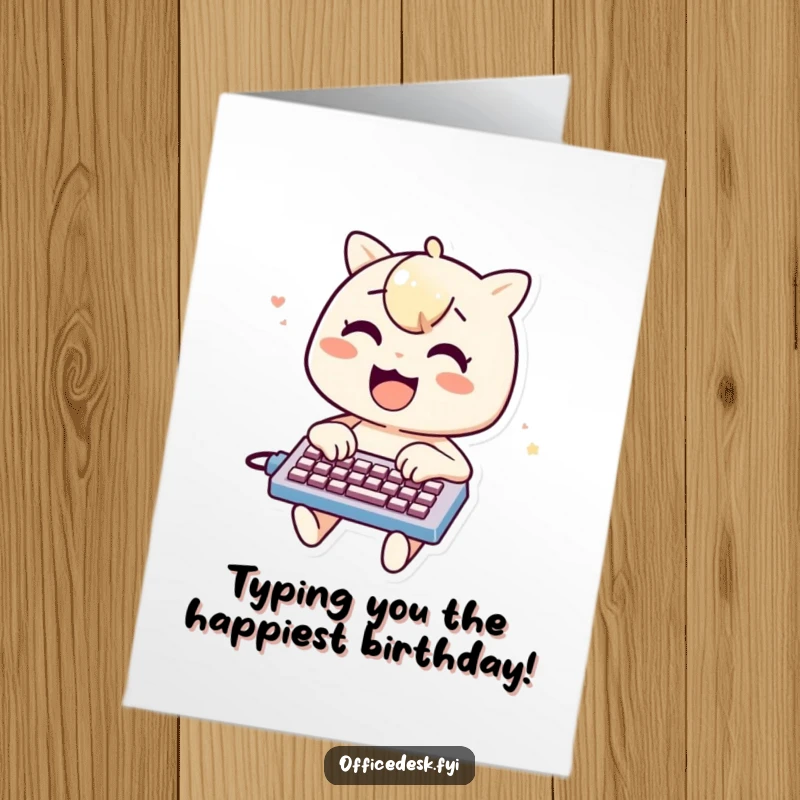 Funny Free Printable Birthday Card: Cheerful character excitedly typing on a miniature keyboard, celebrating productivity and fun.