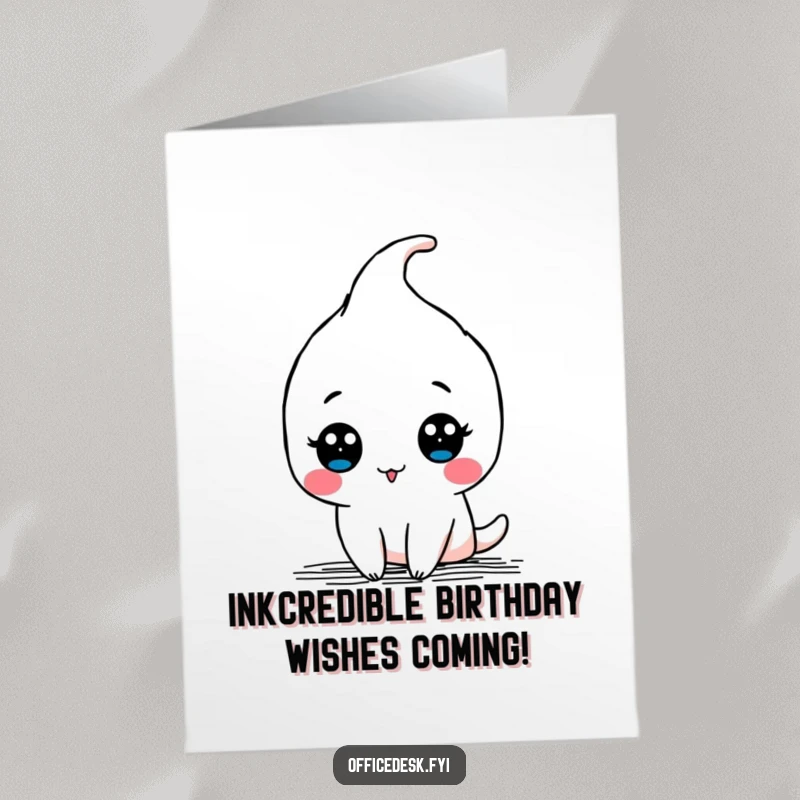 Funny free printable birthday card: a kawaii pen character drawing a silly doodle with a flourish.