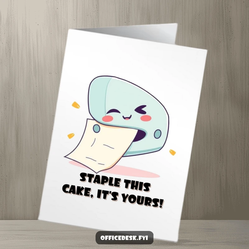 Funny free printable birthday card: a cute stapler character with a mischievous wink jams a ridiculously giant piece of paper.
