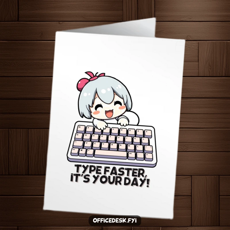 Funny free printable birthday card of a character typing wildly on a giant keyboard, spreading birthday cheer and laughter.