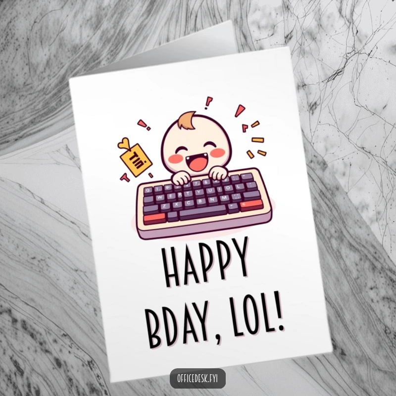 Funny Free Printable Birthday Card: Tiny keyboard happily typing a jumbled, joyous message, a unique and cheerful DIY card.
