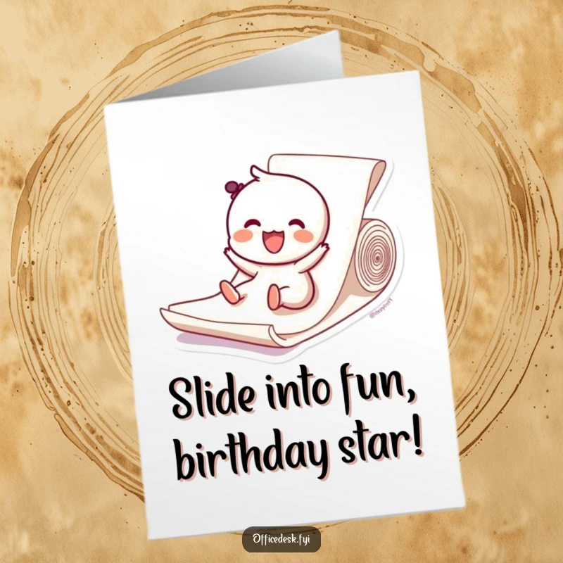 Funny free printable birthday card featuring a happy character joyfully sliding down a ream of paper, celebrating a birthday.