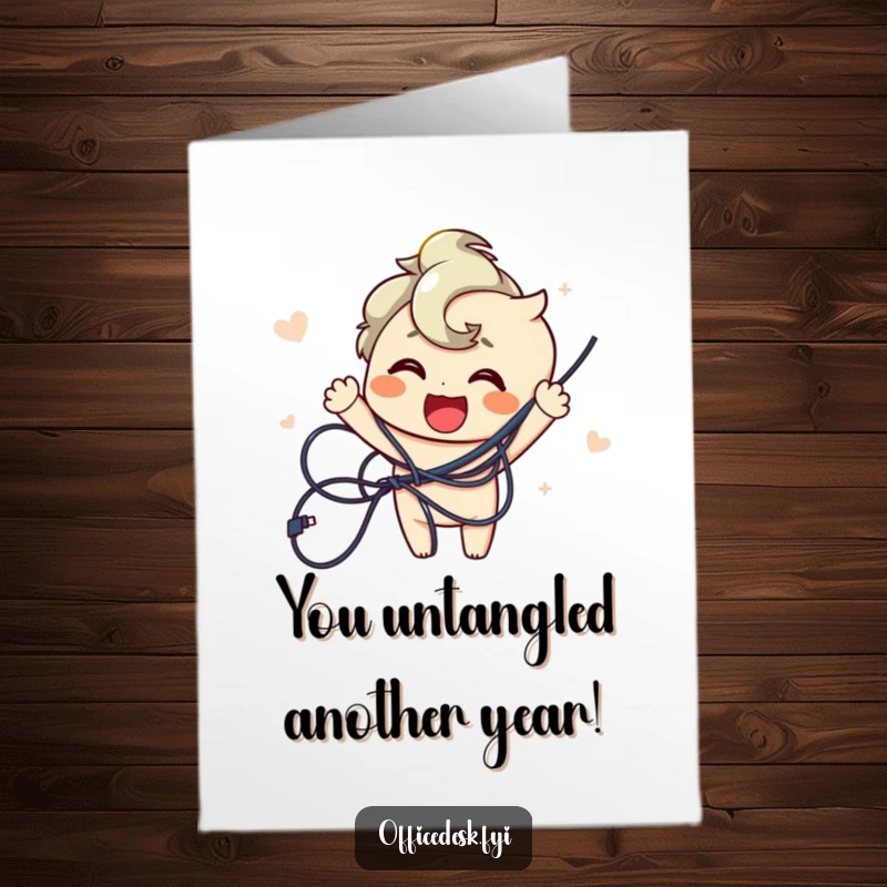 Funny Free Printable Birthday Card: Joyful Character Triumphantly Untangling a Mess of Wires