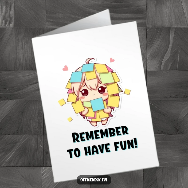 Funny free printable birthday card: Cute character covered in sticky notes, looking bewildered yet amused.