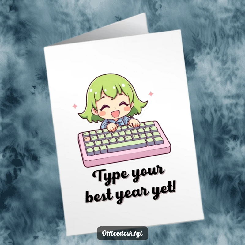 Funny Free Printable Birthday Card featuring a character typing furiously on a comically gigantic keyboard.