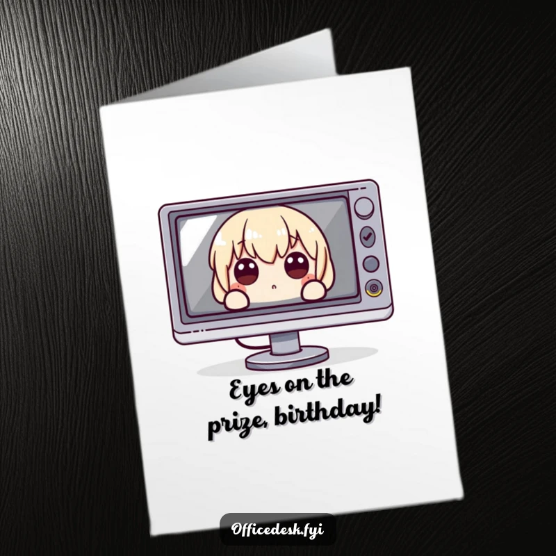 Funny Free Printable Birthday Card: Character peeks with wide eyes from behind a huge computer monitor.