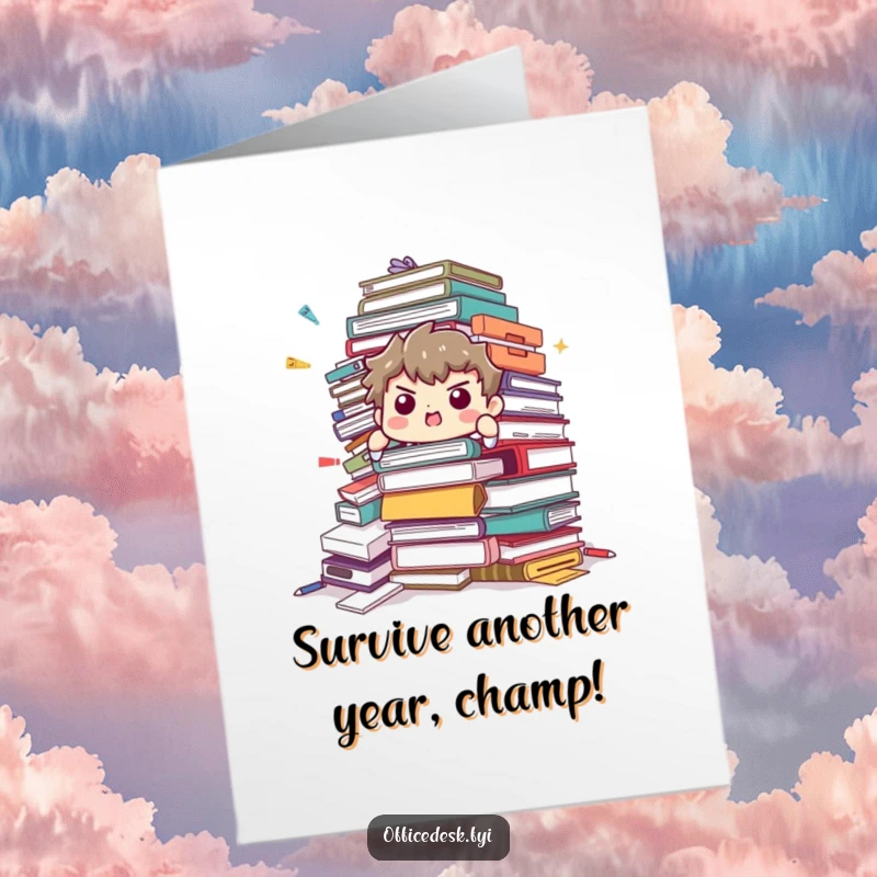 Funny Free Printable Birthday Card: A determined character strains under a falling pile of office supplies, bravely holding on.