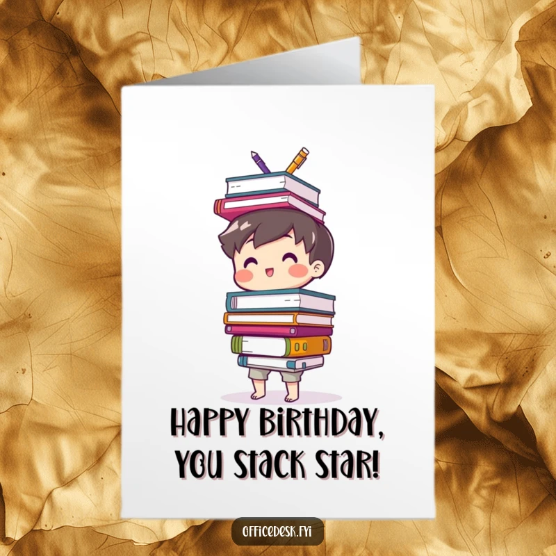 Funny Free Printable Birthday Card, a cute character hilariously balances a teetering stack of office supplies.