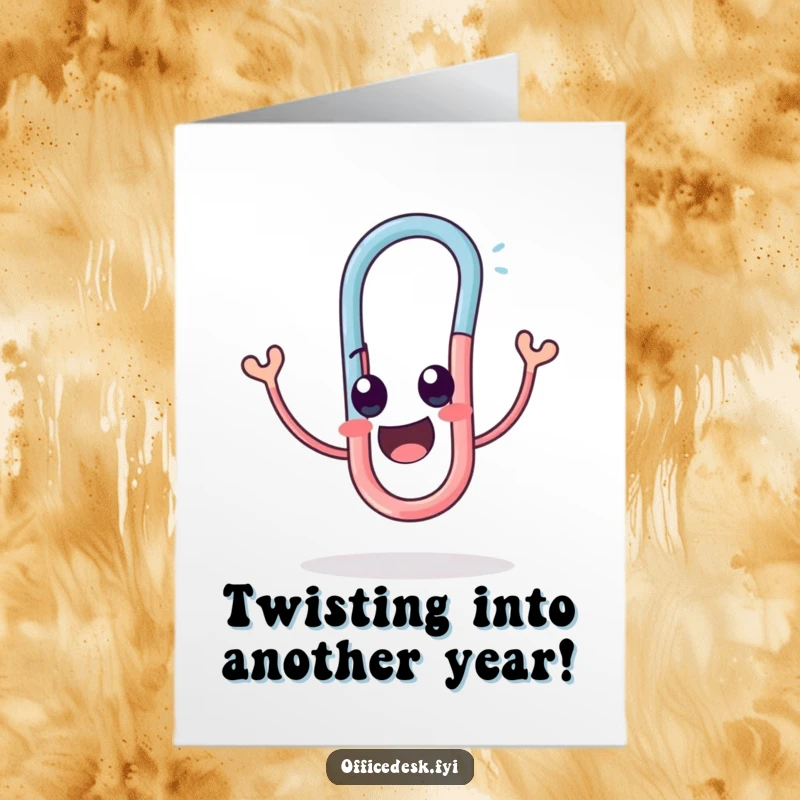 Funny Free Printable Birthday Card: A delighted paperclip mascot contorting gleefully, perfect for a joyful celebration.