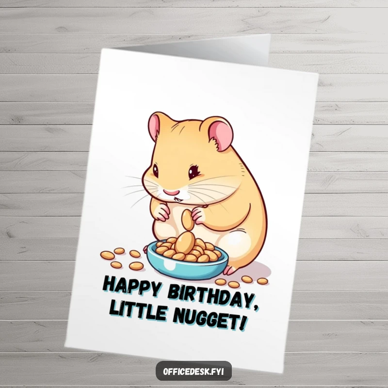 Funny free printable birthday card of a determined hamster meticulously weighing a single seed on a tiny scale.