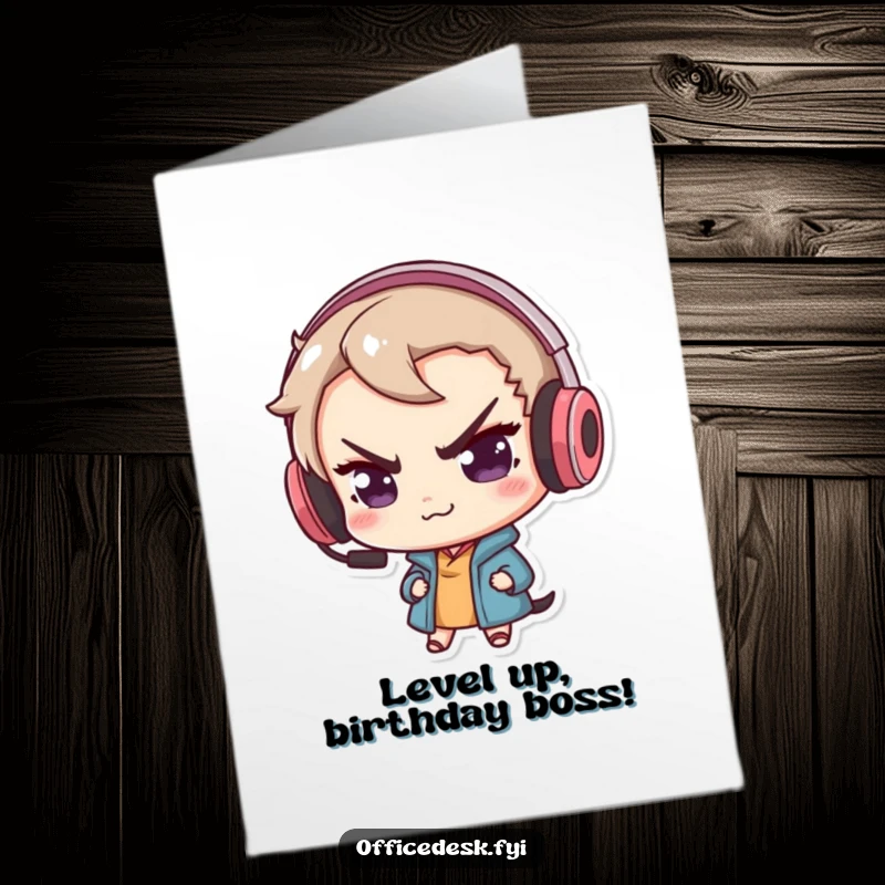 Funny Free Printable Birthday Card: Cute gamer character with a mischievous smirk and huge headset.