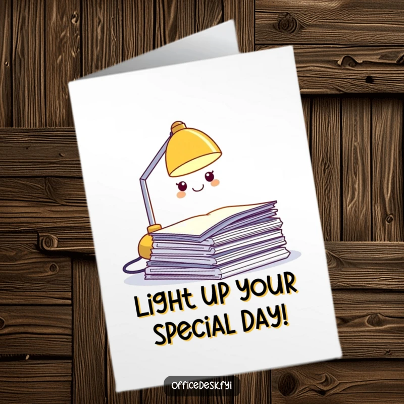 Funny Free Printable Birthday Card featuring a grinning desk lamp character lighting up a messy pile of papers.