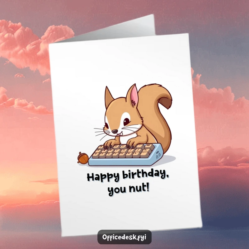 Funny Free Printable Birthday Card: A determined squirrel furiously types on a tiny keyboard with acorn keys, wishing happy birthday.