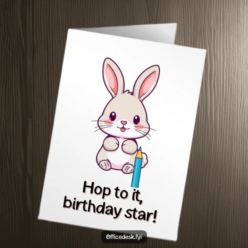 Funny free printable birthday card of a focused rabbit sharpening pencils with intense concentration and precision.