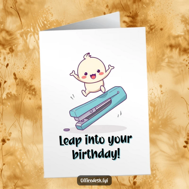 Funny Free Printable birthday card: a cute character happily bouncing and leaping high over a large, fallen staple remover.