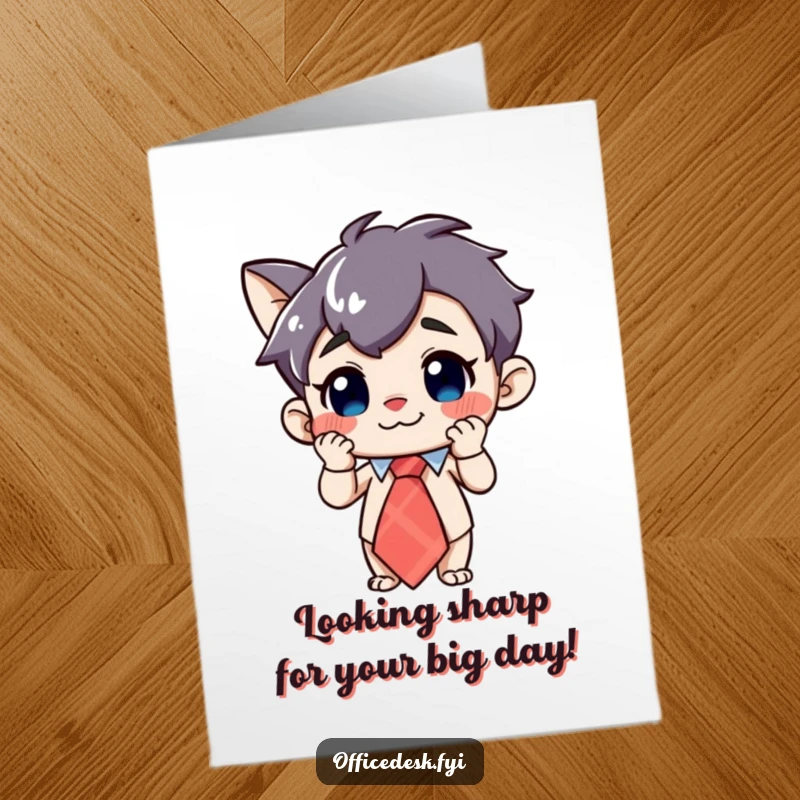 Funny free printable birthday card showing a curious character grinning while adjusting a very large, whimsical tie.