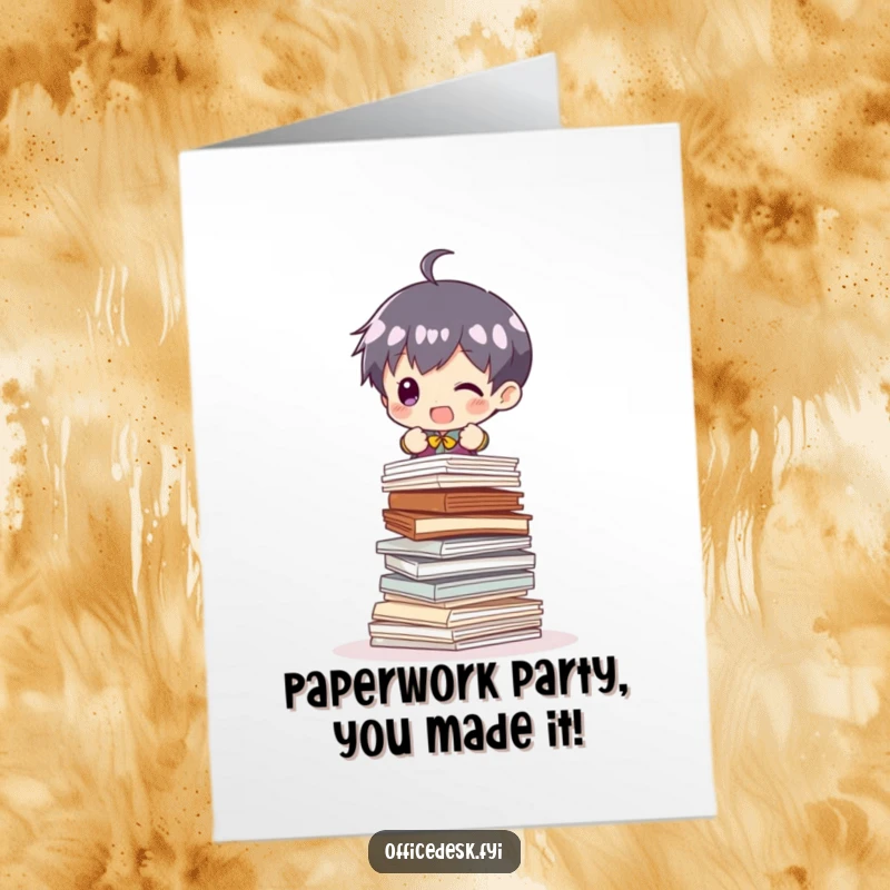 Funny Free Printable Birthday Card featuring a tiny character struggling to balance a huge stack of papers.