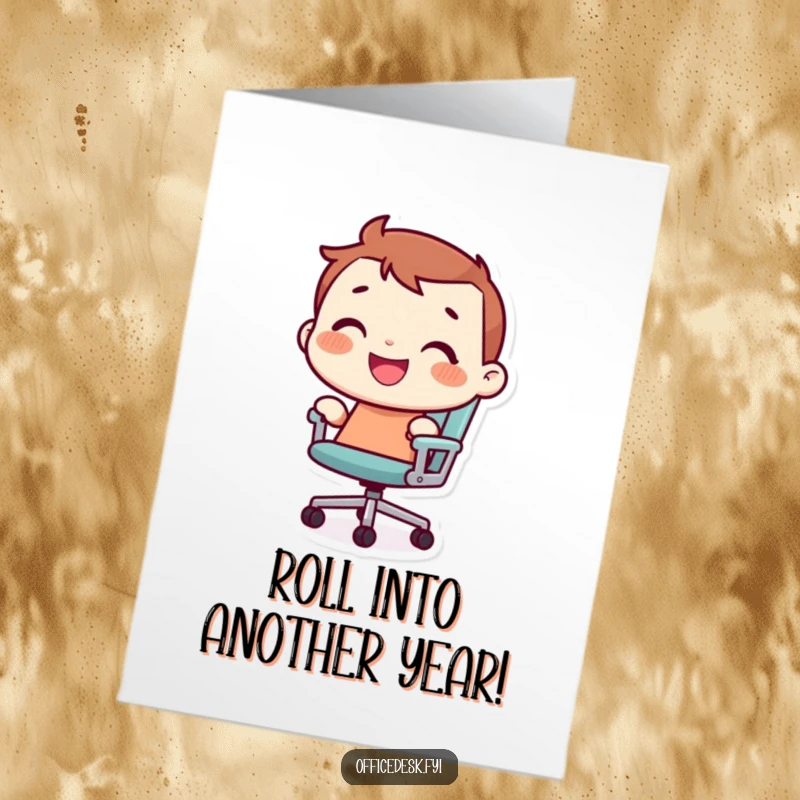 Funny Free Printable Birthday Card: Tiny character with a joyful grin rides a rolling office chair, celebrating with speed.