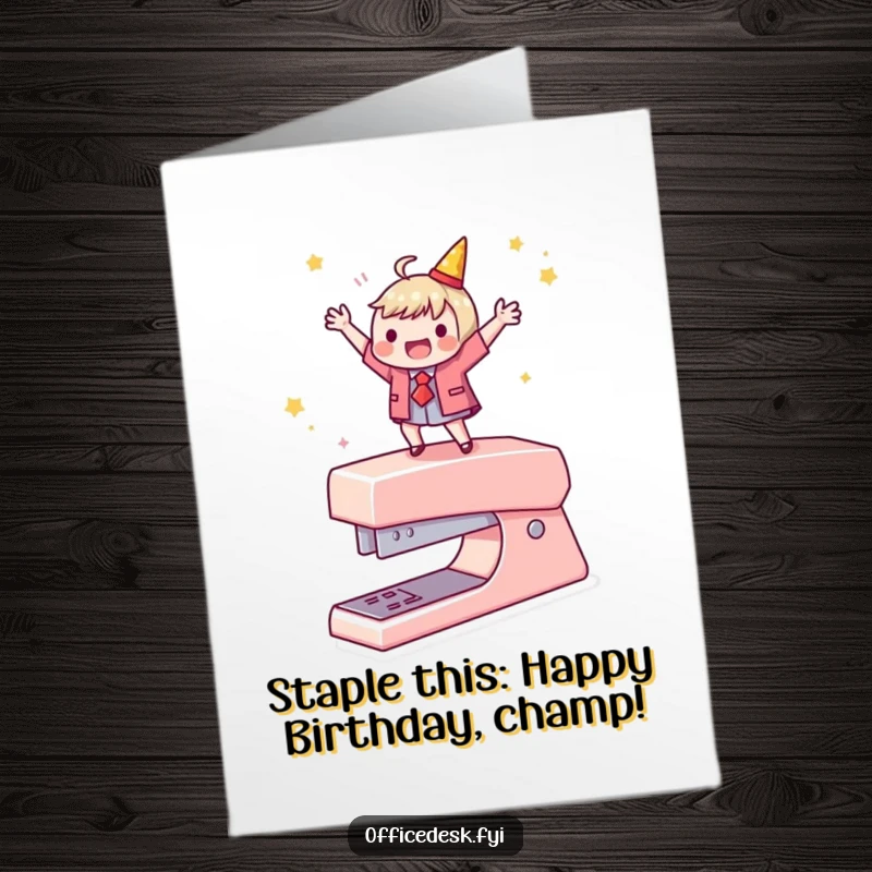 Funny Free Printable Birthday Card: Character joyfully dancing atop a stapler, celebrating with office supply humor, a unique downloadable card.