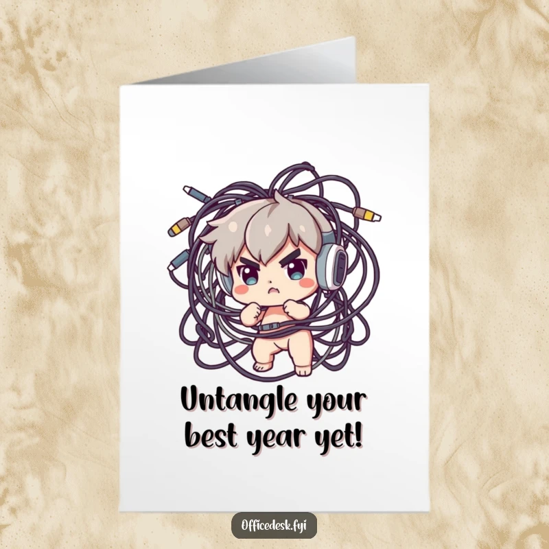 Funny Free Printable birthday card: a determined character wrestling a huge mess of tangled computer cables with a goofy expression.