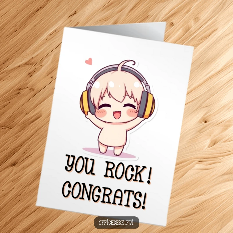 Funny Free Printable Congrats Card of a character wearing huge headphones, enthusiastically headbanging to an unseen rhythm.