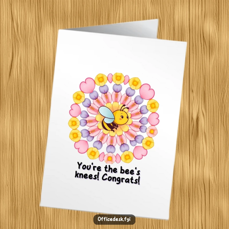Funny free printable congratulations card showing a busy bee arranging flower petals into a flawless geometric pattern.