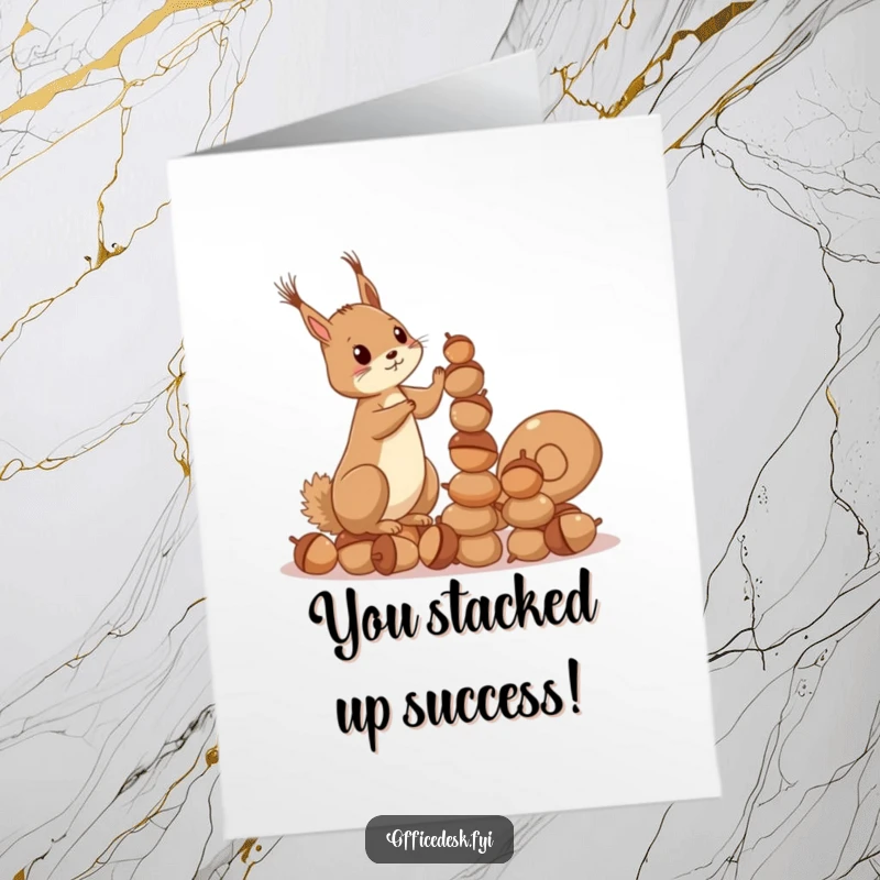 Funny Free Printable Congratulations Card: Squirrel stacking acorns, ambitious effort, downloadable art.