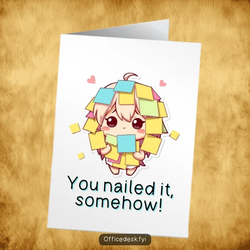 Funny free printable congratulations card: Amused character buried in sticky notes, celebrating achievement.