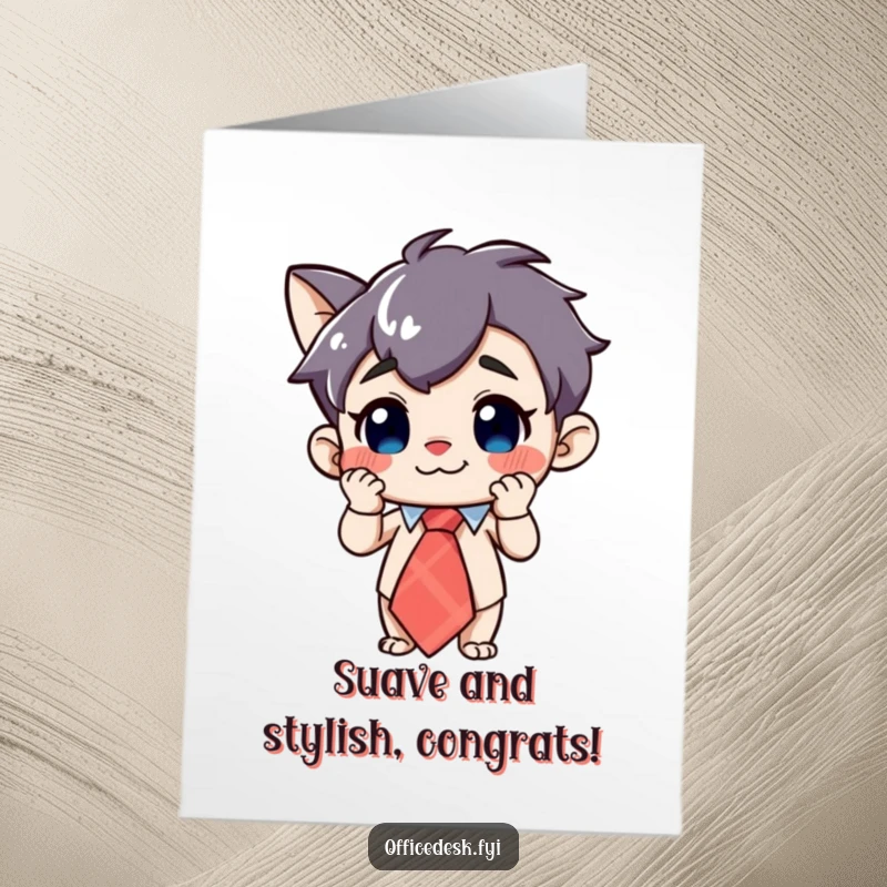 Free printable congratulations card with a curious character grinning while adjusting an oversized, whimsical tie.