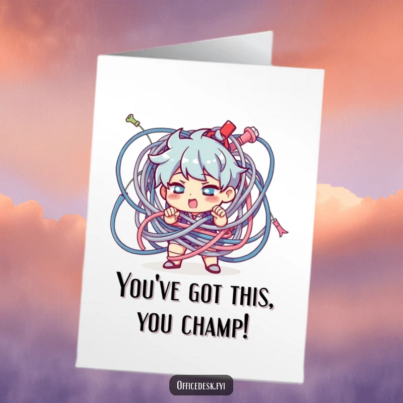 Free printable congratulations card featuring a determined character diligently untangling a huge knot of electronic cables.